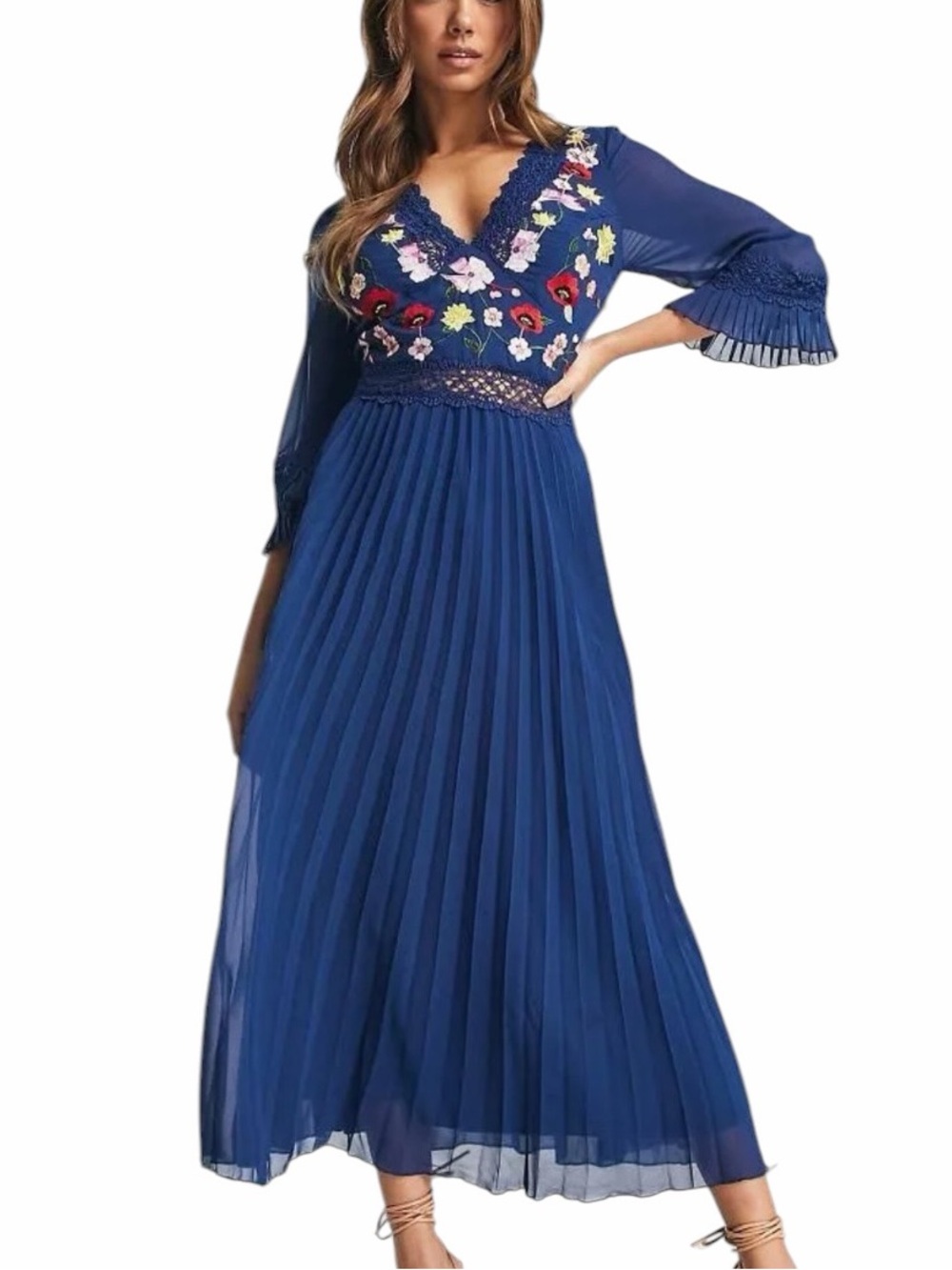 ASOS DESIGN Embroidered Floral Pleated Midi Dress Blue Lace Size 6